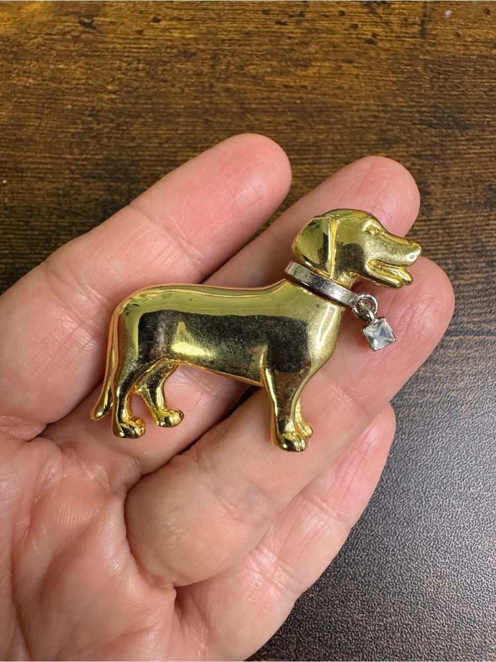 Vintage Gold Dog Brooch with Clear Crystal Charm